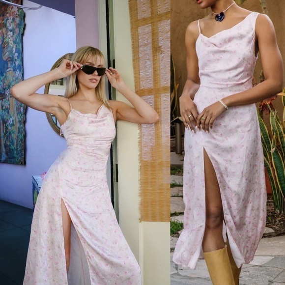 NEW! For Love and Lemon- Baby Pink Floral Ilana Midi Dress With Slit Thigh Large - Picture 1 of 12